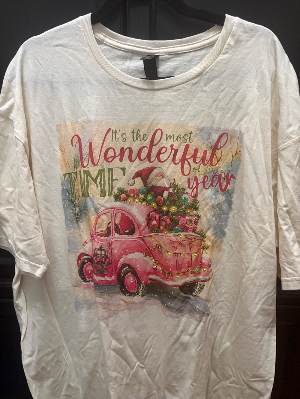 Gildan Cream Tee with Pink Vintage Car Holiday Graphic with rhinestones.